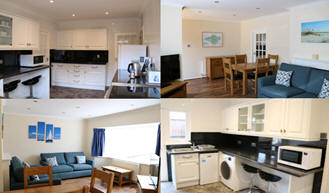 A collage of pictures of Goldcrest Cottage showing the kitchen and lounge and dining area of this self-catering holiday home on the Isle of Wight.